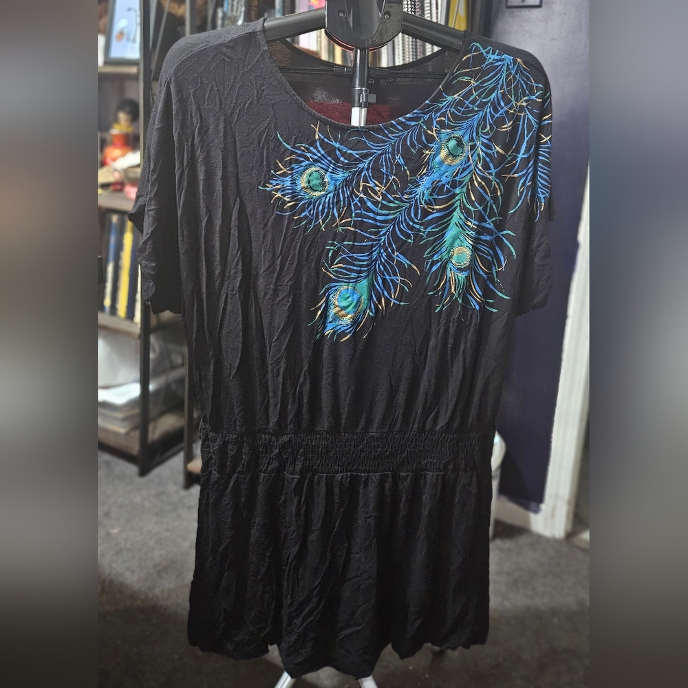 Apt. 9 Black Tee Dress with Vibrant Peacock Feather Accents 4-1005